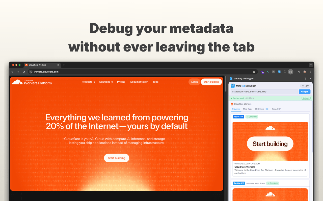 Metatag Debugger showing Open Graph metadata in the Chrome side panel