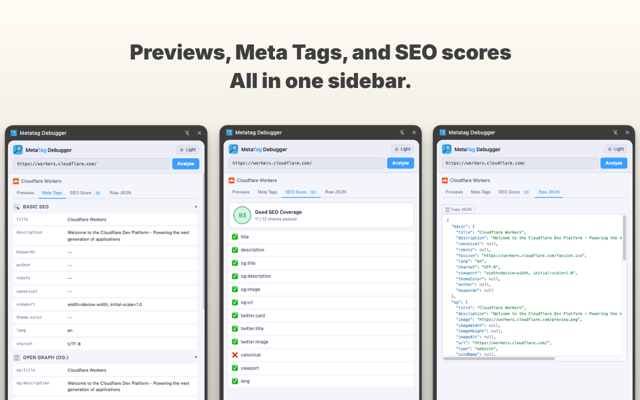 Metatag Debugger displaying all HTML meta tags in a structured list
